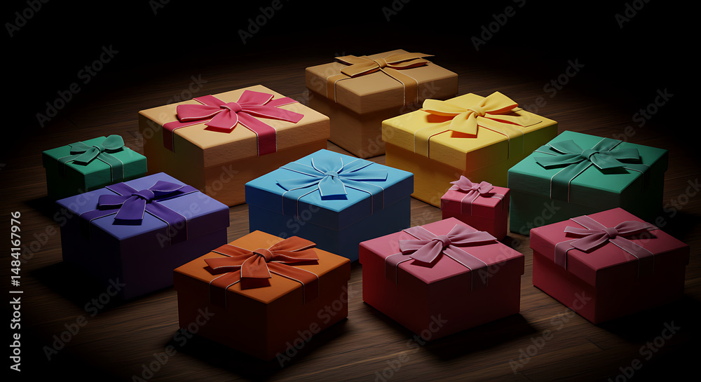 Obraz premium Colorful Gift Boxes on Wooden Surface