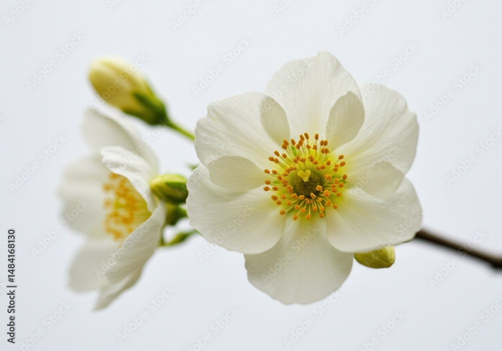 Obraz premium Close-up of white flowers with yellow centers and buds against white background