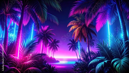 Vibrant Neon Palm Trees Reflecting on Tropical Waters at Dusk, Synthwave Vibe