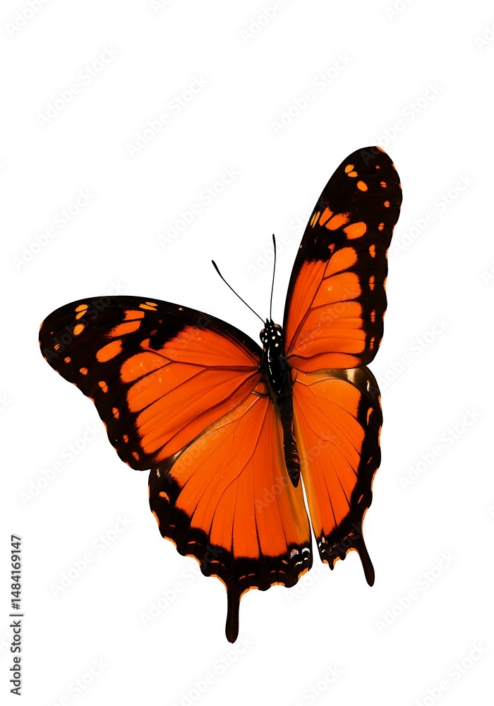 Fototapeta premium Fiery Monarch Butterfly in Flight: Vibrant Wings Against White