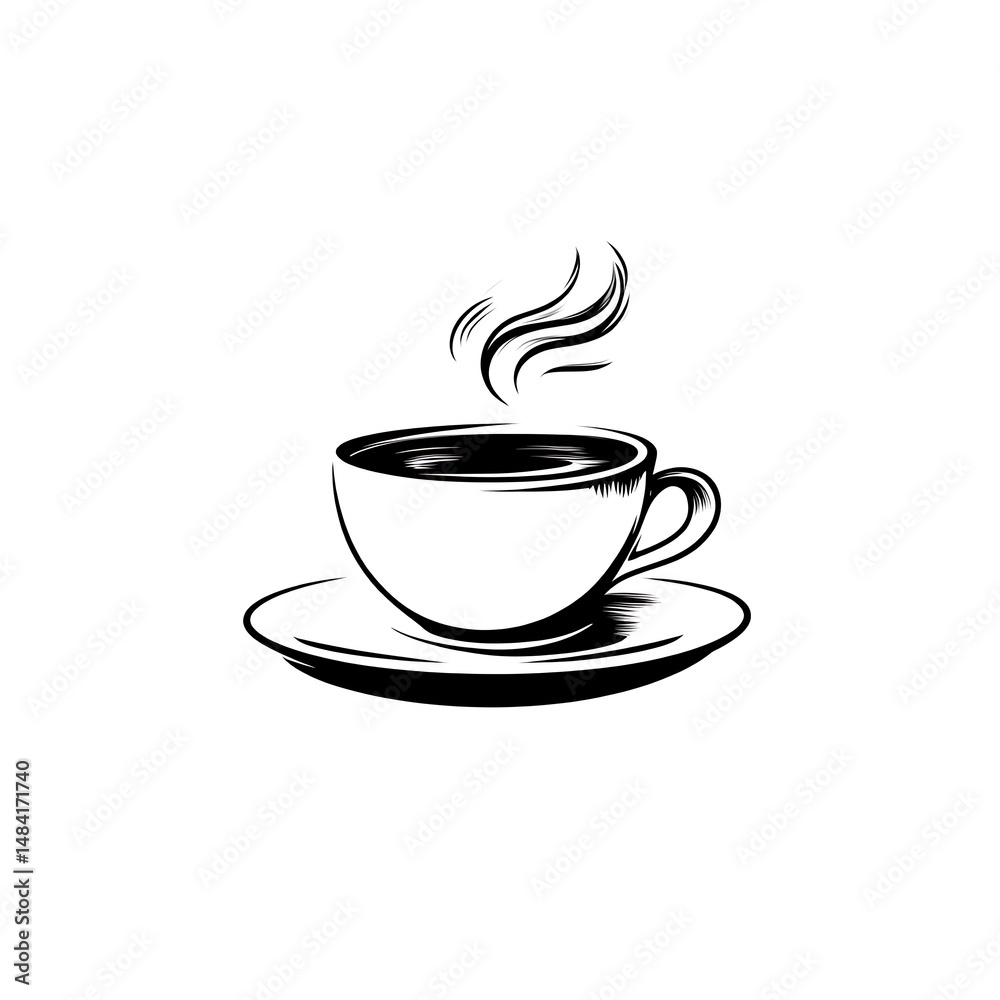 Obraz premium Simple black and white coffee cup graphic. A vintage-style illustration of a steaming coffee cup on a saucer, conveying a sense of warmth and comfort