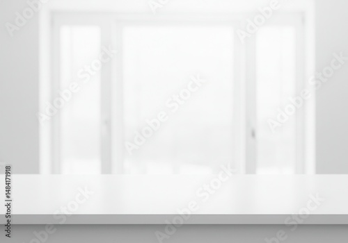 White counter in front of blurred window for product display or mockup