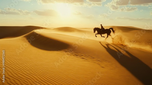 Sunset Desert Ride: A Lone Rider Gallops Across Golden Sands