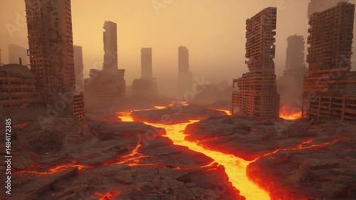 Surreal landscape with glowing lava rivers and strange rock formations. Fantasy and otherworldly.