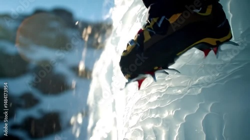 Foot In Crampon On Ice Waterfall Extreme Climbing Adventure