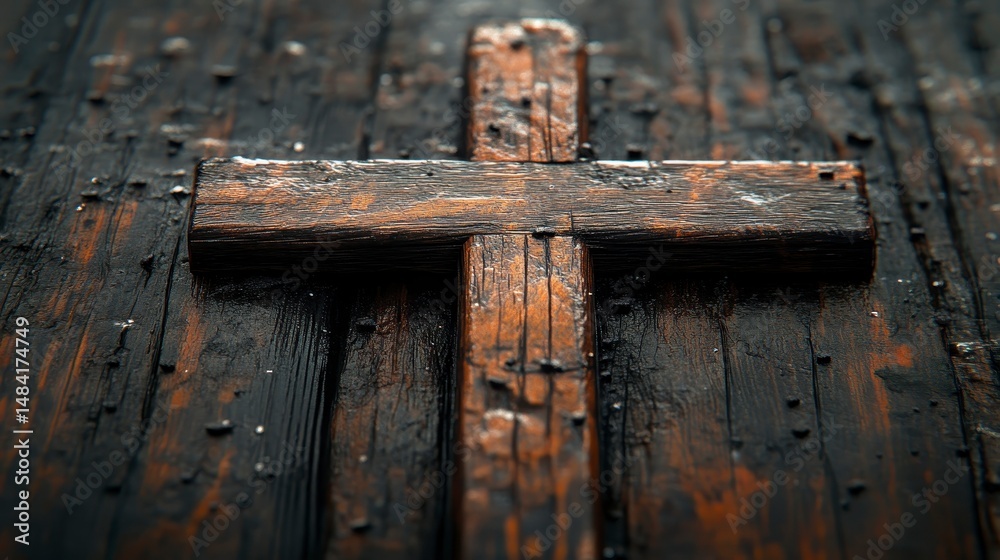 Wooden Cross on Weathered Board Background with Rustic Texture Wooden Cross on Weathered Board Background with Rustic Texture