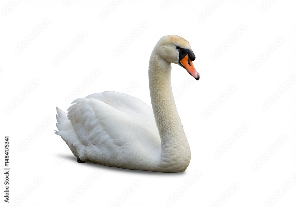 Fototapeta premium Mute swan resting on a white background with its head and neck extended