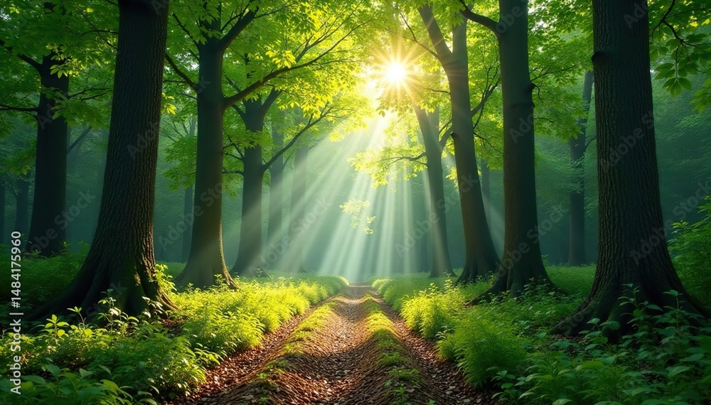 Fototapeta premium Towering trees, dappled sunlight on forest floor, soil, jungle scene