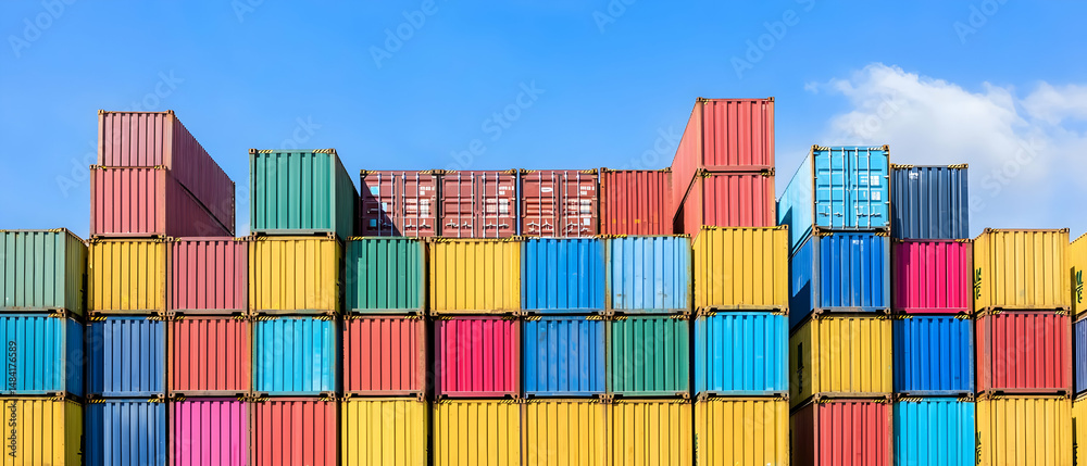 Stacked Colorful Shipping Containers Under Clear Blue Sky Stacked Colorful Shipping Containers Under Clear Blue Sky