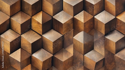 Geometric wooden cube pattern wall design.