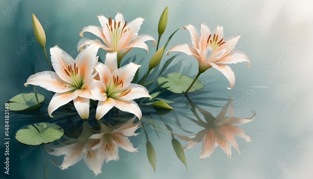 Fototapeta premium A delicate watercolor artwork of lilies painted in white and pale peach.