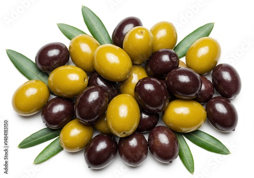 Pile of green and black olives with leaves on white background