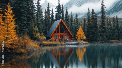 A cozy A-frame cabin by a tranquil lake, reflecting trees in the water --ar 16:9 --v 6.1 Job ID: 9319a562-f0fa-46de-b720-37143c67232d
