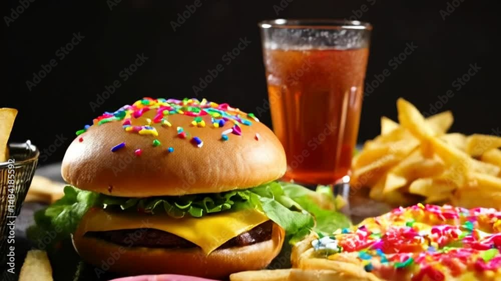 Celebration Fast Food Feast Sprinkled Hamburger Fries Drink and Donuts on Dark Background