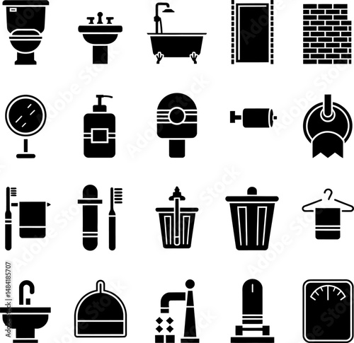 Vector icon pack featuring various bathroom and hygiene-related elements such as sinks, showers, toilets, bathtubs, and soap dispensers. Great for interior design, plumbing services, and cleaning apps