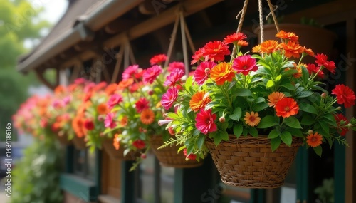 Vibrant overflowing hanging baskets brimming with colorful flowers , summer, ivy, spring