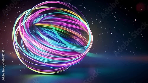 Colorful Neon Swirls on Dark Background with Sparkles and Vibrant Light Effects