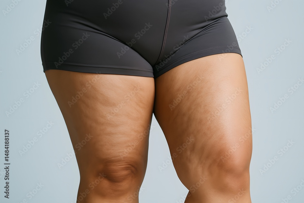 Fototapeta premium Asian obese thighs with cellulite, overweight Korean legs, body fat and skin texture, obesity and cellulite concept, health and beauty issue