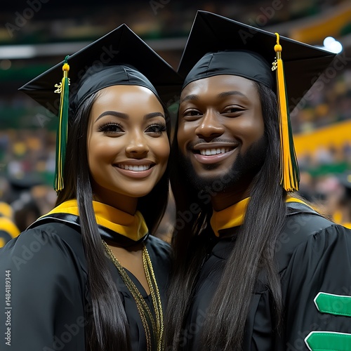 Smiling graduates in caps and gowns