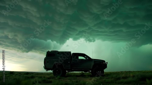 Truck Awaits the Coming Storm in the Open Field Landscape
