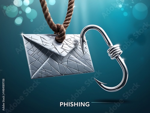 Creative phishing concept with metal envelope hanging on hook, representing online scam, email fraud, and digital security risks in a symbolic, modern cyber threat visual

 photo