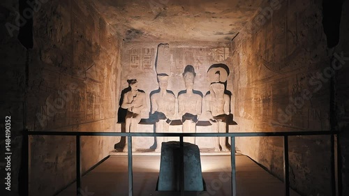 4k Footage of interior Hieroglyphs in Abu SImbel Egypt. four Interior Statues. some hieroglyphic inscriptions on the sides of the statue of King Ramses ii located at the Abu Simbel Temple.