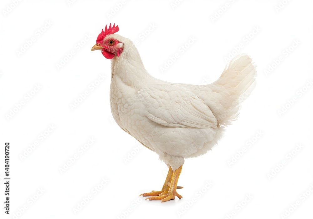Fototapeta premium White hen standing isolated on a white background in studio lighting