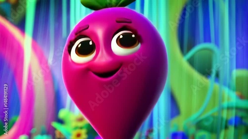 Animated bright pink turnip character walks in a whimsical fantasy garden with colorful flowers and cartoonish foliage in a kids video background