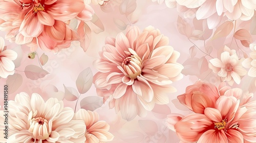 Delicate floral pattern with soft peach and cream dahlias