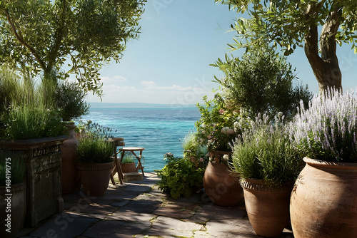 Tranquil Mediterranean garden path with ocean view.