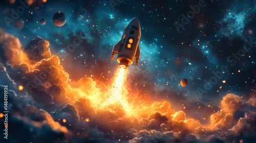 Rocket Launching Into the Cosmos Amidst Nebula and Celestial Bodies