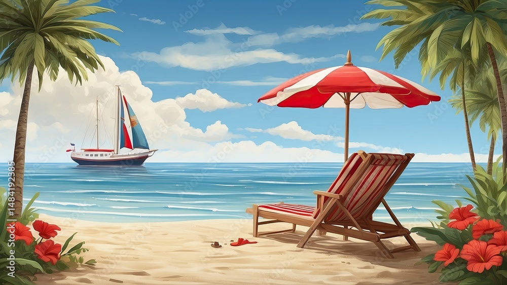 Fototapeta premium Tropical Beach Scene Vector – Palm Tree, Umbrella, Chair, and Sailboat Illustration