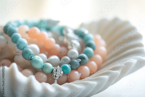 Beaded bracelets in pastel hues nestled in a seashell