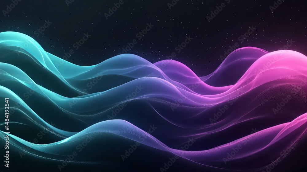 Fototapeta premium Abstract Holographic Waves: Glowing Cyan and Pink Ripples on Dark Background