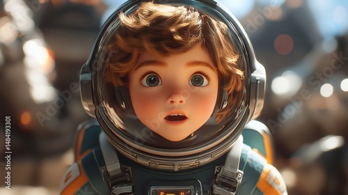 Curious young astronaut exploring space in photorealistic environment 