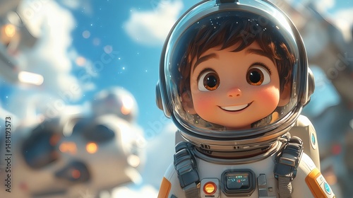 Smiling Astronaut Boy in Space Suit Smiling with Futuristic Vehicles