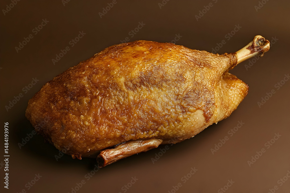 Roasted duck presented on a brown surface.