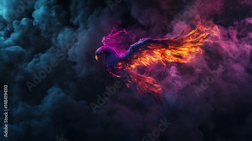 Bird in flight with fire wings