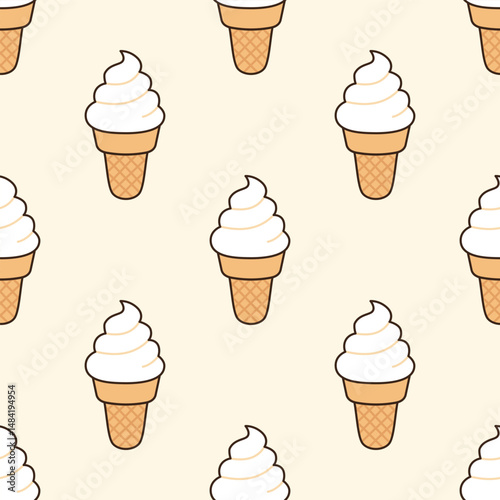 Vanilla ice cream cone seamless pattern vector illustration. Summer repeating background with soft-serve wafer ice cream. Food-themed fabric textile print or gift wrapping paper.