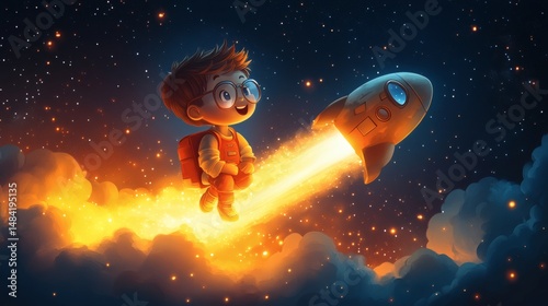 Boy's Rocket Adventure in Starry Night Sky