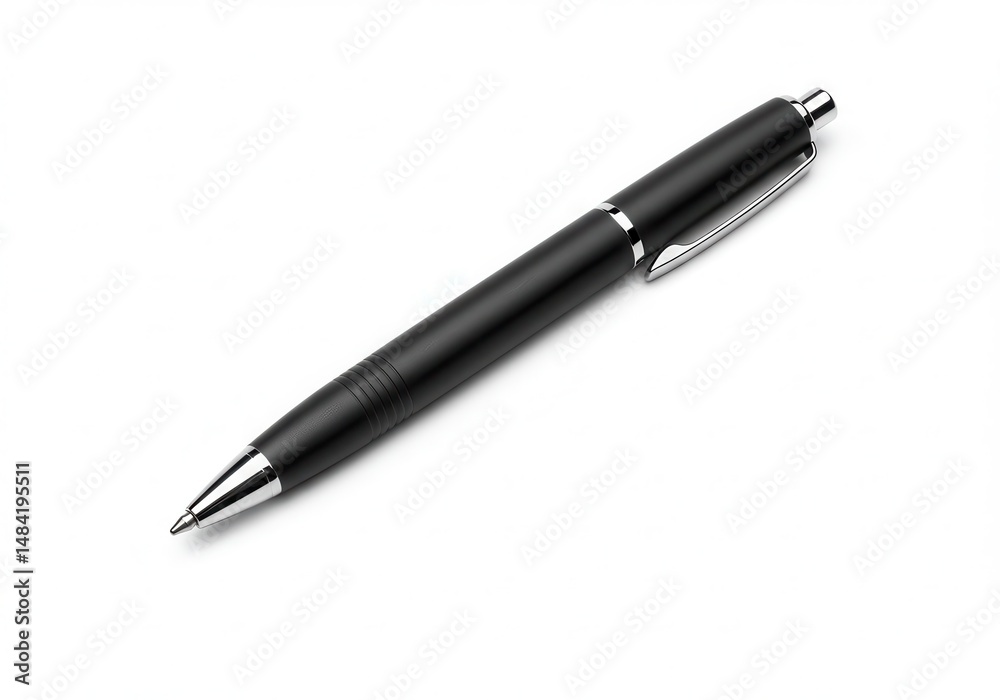Close-up of a black pen with silver accents on a white background Close-up of a black pen with silver accents on a white background