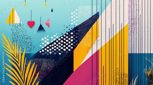 Abstract geometric design with vibrant colors including pink yellow blue black and white with patterns lines dots shapes and tropical leaves for modern art background