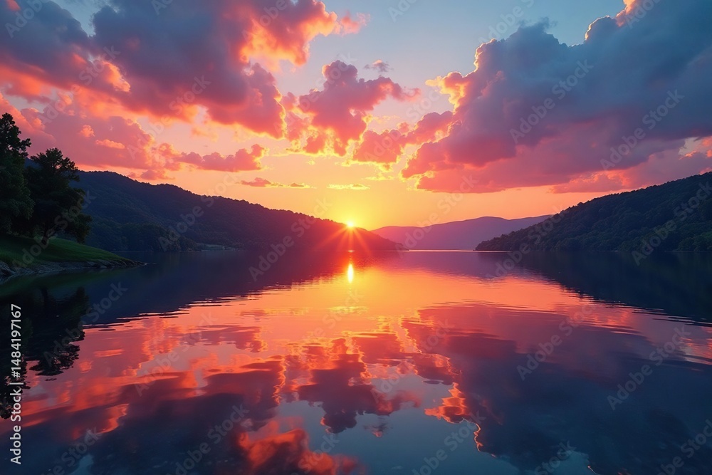 Fototapeta premium Tranquil lake reflecting a vibrant sunset sky , cloud reflection, peaceful, evening sky