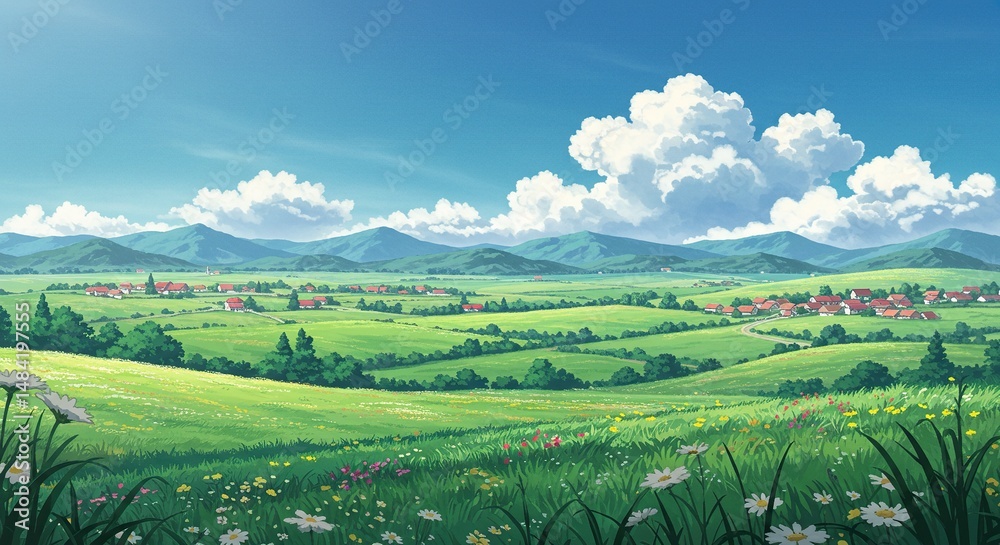 Fototapeta premium Tranquil green landscape with meadows, distant villages and majestic clouds