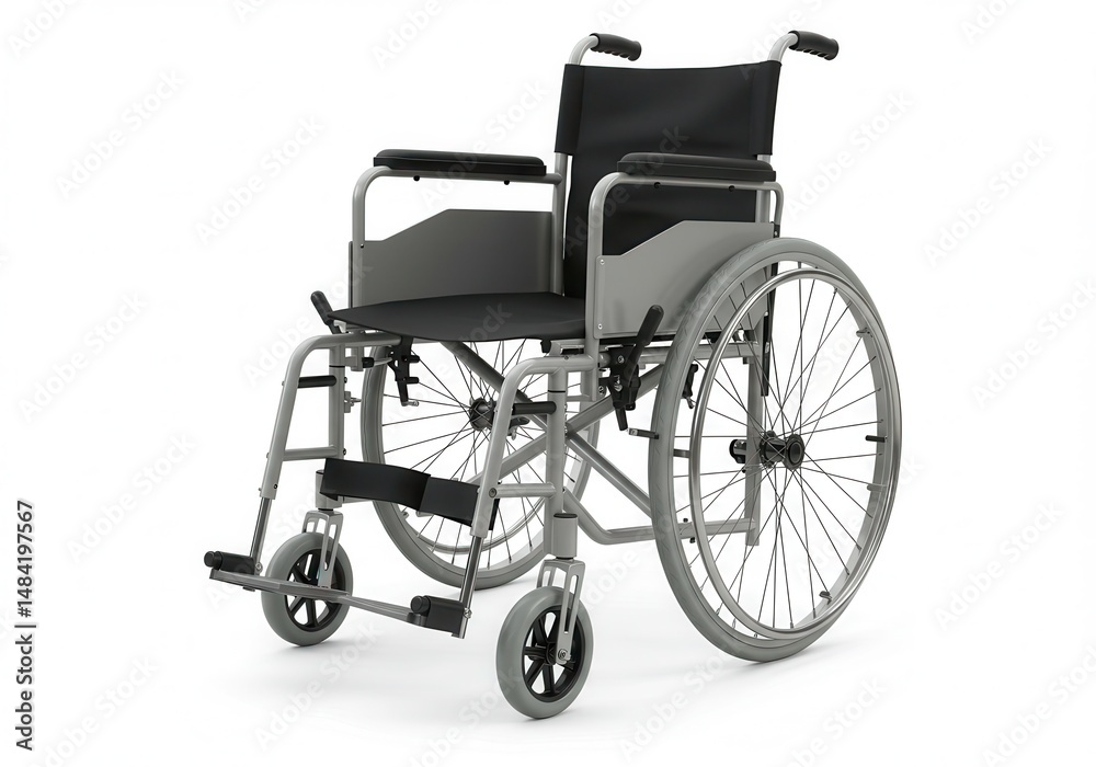Fototapeta premium Wheelchair with gray frame and black seat on white background