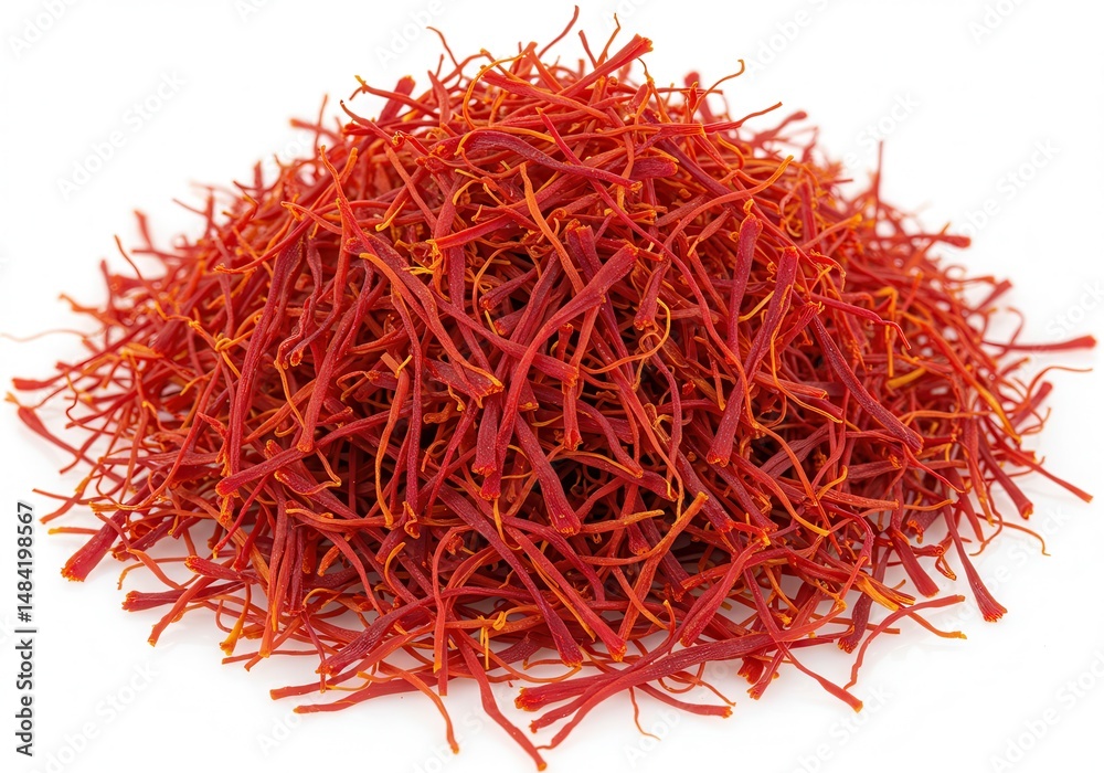 Naklejka premium Pile of vibrant red saffron threads, a culinary spice, on a white background