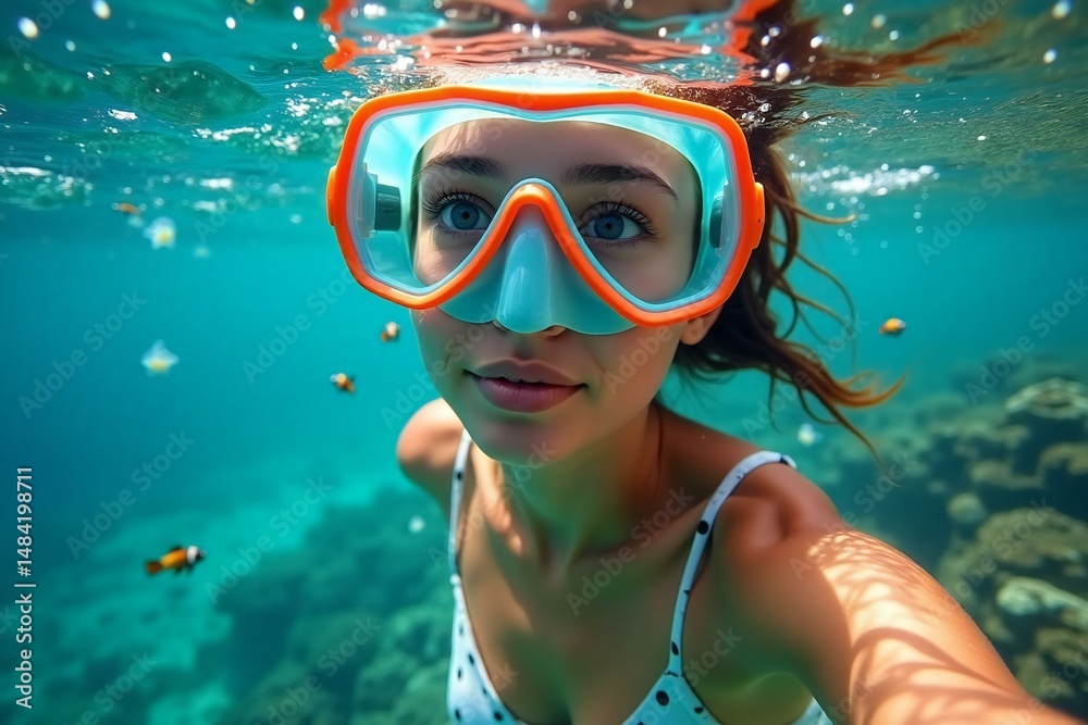 Naklejka premium A Woman Wearing Diving Mask is Snorkeling.