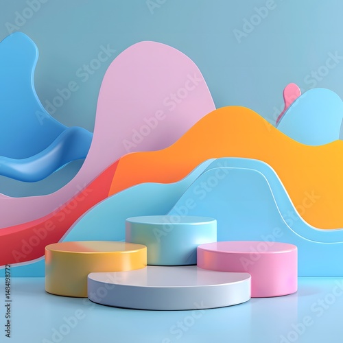 Abstract Colorful Product Display Podiums with Wavy Shapes.