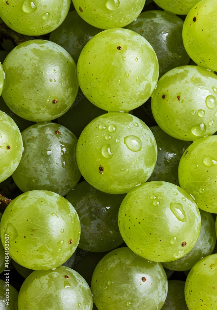 Obraz premium Close up of fresh green grapes with water droplets healthy eating and organic food photography