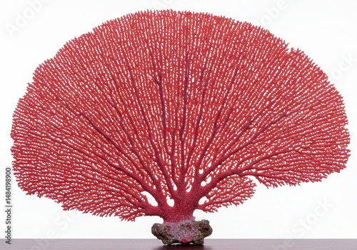 Red sea fan coral on a small rock against white background